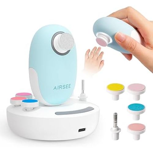 AIRSEE Baby Nail Trimmer Electric with LED Light, Newborn Clipper, Safe & Easy Electric Nail File Baby Care Set, 6 Replacement Heads & Storage Case, Light Blue