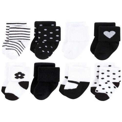 Hudson Baby Infant Girls Cotton Rich Newborn and Terry Socks 8-Pack, Black Flower, 0-6 Months