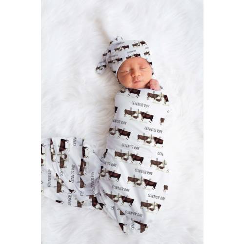 Personalized Hereford Cattle Baby Name Custom Swaddle Gift Idea For Baby Boy, Newborn Baby Hereford Cattle Swaddle Blanket Photo Prop, Cow