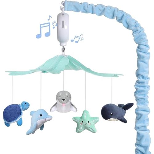 Baby Crib Mobile for Boys and Girls, NICEMER Soft Plush Ocean Characters Mobiles, Blue and Grey Nursery Decor, Calming Soother with 12 Lullabies Essential and Perfect Gift for Babies