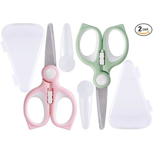Baby Food Scissors Kicthen Shears -2Pack Portable Healthy Kids Scissors,Stainless Steel Scissor with Storage Travel Case - Ideal for Cutting Meat, Chicken, Vegetables, and Fruits