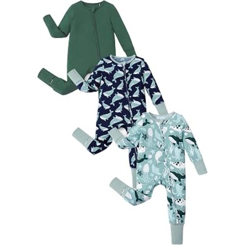 PATPAT Baby Boys Girls Bamboo Viscose Footies 3-Pack, NB-2T