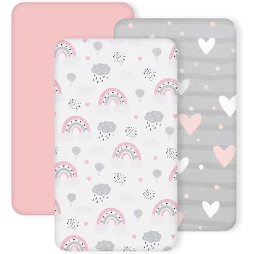 3 Pack Stretchy Bassinet Sheets 20" x 35" Compatible with Newton, Ezebaby, Angelbliss, AMKE(3 in 1) & Other Large Bedside Sleeper - Soft Breathable Fitted Bassinet Sheets for Baby - Pink & Grey Heart