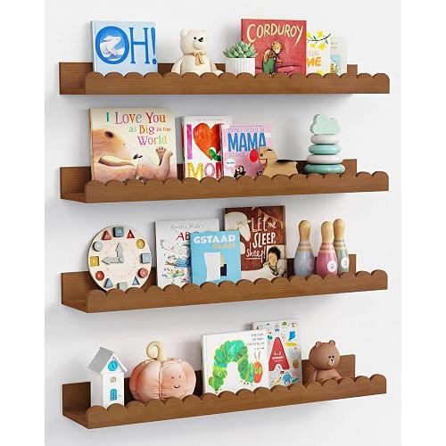 24 inch Scalloped Nursery Floating Book Shelves, Walnut Kids Wall Bookshelf