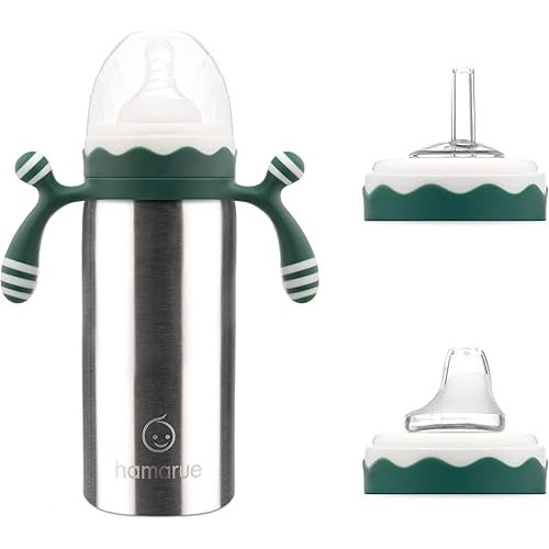 Hamarue 3-in-1 Deluxe Stainless Steel Sippy Cup for Babies and Toddlers | Non-Toxic Plastic Free Liquid Transfer | Straw Baby Cup & Bottle | Leak Proof Insulated (Green, 6 oz)