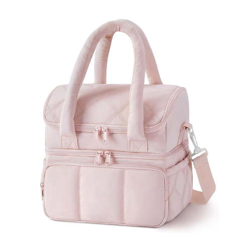 Lunch Bag Women, Double Deck Insulated Lunch Box, Quilted Puffer Lunch Tote, Leakproof, Durable & Reusable Large Lunch Cooler For Work Picnic Travel Meal Prep, Dark Pink