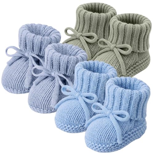 Evervibe 3 Pair 100% Cotton Knitted Baby Booties Newborn | 0-6 Months Newborn, Crochet Infant Shoes, Baby Shower Booties Table Centerpiece, First Cozy Crib Shoes