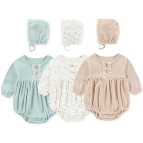 MAMIMAKA Newborn Baby Girl Clothes Cotton Bubble Rompers Infant Outfit Floral Long Sleeve Bodysuit, 3 Pack