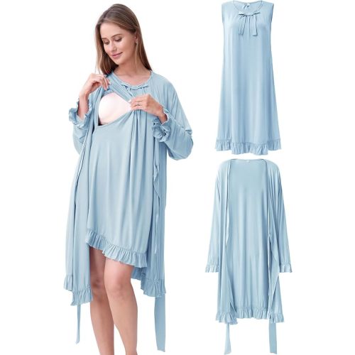 Ruffle Maternity Nursing Gown & Robe Set for Hospital Loungewear | 2-Piece Sleeveless Nursing Nightgown & Robe for Labor & Delivery, Breastfeeding & First Baby Photos