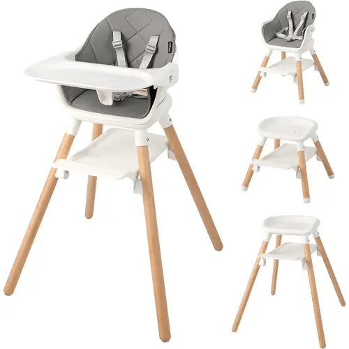 BABY JOY Baby High Chair, 6 in 1 Convertible Wooden High Chair for Babies & Toddlers with Adjustable Legs, Double Removable Tray, Safety Harness & Waterproof PU Cushion (Gray)