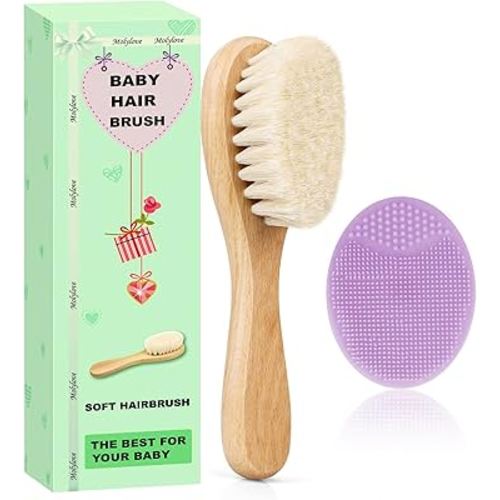 Baby Hair Brush and Purple Cradle Cap Brush Set for Newborns and Toddlers, Wooden Baby Hair Brush Set with Soft Goat Bristle, Baby Hair Care Kit 2PCS