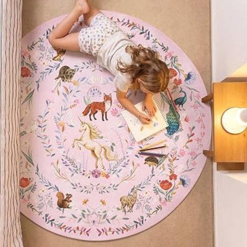 jinchan 5ft Round Rug Washable Kids Rug Whimsical Playroom, Lavender Pink