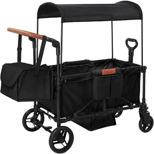 Stroller Wagon for 4 Kids, Foldable Wagon with Footwell, Lightweight, Adjustable Push and Pull Handles, 5-Point Harness, Adjustable Canopy for Outdoor Adventures