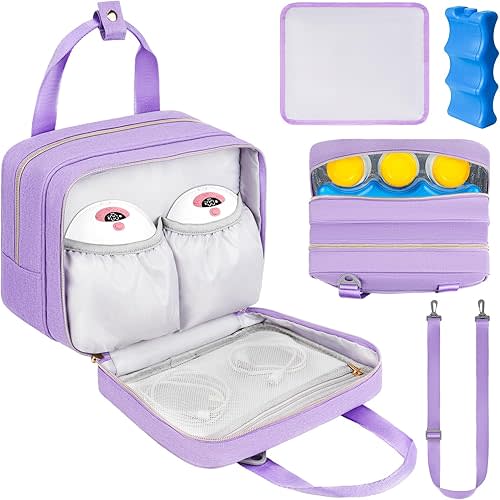 Wearable Breast Pump Bag with Cooler Compartment Compatible with Momcozy M5/S12 Pro, Elvie & Medela Pump in Style, Carrying Case with a Ice Pack & Waterproof Mat for Breast Pump and Accessories,Purple