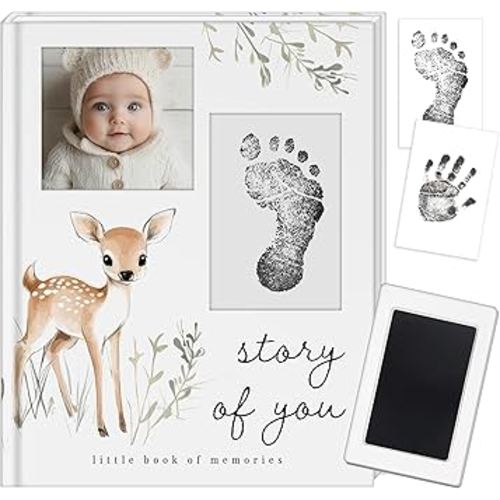 Baby Memory Book and Pregnancy Journal, Baby Book Keepsake with Clean-Touch Ink Pad for Newborn Hand and Footprints, Simple and Elegant Design, A Great Gift for Baby Showers and New Moms (Classic)