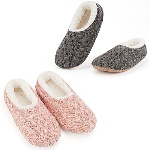 Cozylook 2-Pair Women's Soft Sole Slipper Socks with Grippers, Thick Warm Cozy Sherpa Lined Home Socks Set, Cable Knitted Non-slip Fluffy Winter House Bedroom Slippers
