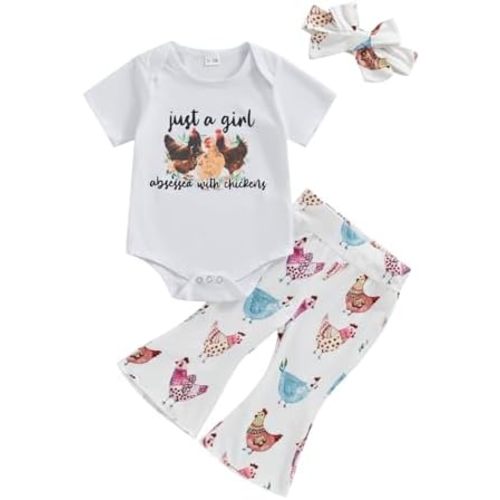Chicken Baby Clothes Baby Girls Funny Letter Romper Chicken Fabric Flare Trousers Heaband Set Country Farm Baby Stuff