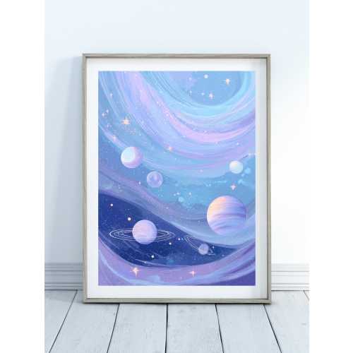 Pastel Galaxy Planets Room Print–Blue Kids Wall Art, Dreamy Sky For Boys or Girls Room, Nursery Outer Space Decor with Stars, Solar System