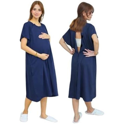 Inspired Comforts 3-in-1 Maternity, Labor & Delivery Gown Front & Back Tearaway Openings, Snap Nursing Access & Side Pockets