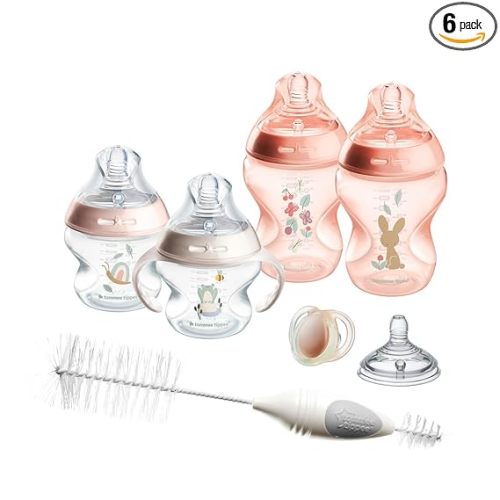 Tommee Tippee Natural Start 8 Piece BPA Free Bottle Set, Includes 2 x 5 oz & 2 x 9 oz Bottles, 1 x Medium Flow Nipple, 1 x 0-6m Pacifier, 1 x Removable Bottle Handle, 1 x Cleaning Brush, Pink