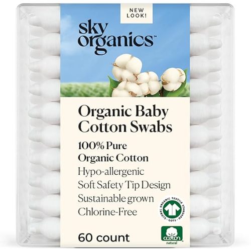Sky Organics - Organic Baby Cotton Swabs, 60 ct. - Ultra Soft Baby Safe Tips - Strong & Durable - Hypoallergenic - Chlorine Free - Natural, Vegan & Cruelty Free - Skin Care & Baby Care