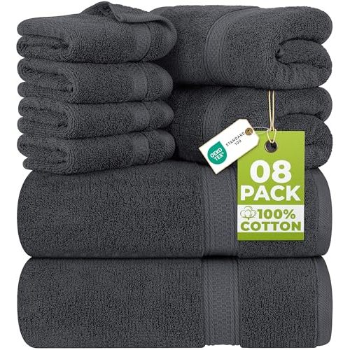 Utopia Towels 8 Piece Luxury Towel Set – Majestic Plush, Super Absorbent & Quicker-to-Dry, Thick 100% Ring Spun Cotton Towels for Bathroom, Spa & Hotel – 2 Bath, 2 Hand, 4 Washcloths, Grey