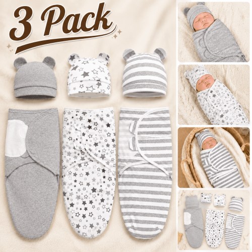 GENREEN 3pk Baby Swaddle Sleep Sacks 0-3 Months, Organic Cotton, Grey