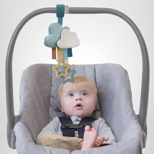 Itzy Ritzy Jingle Travel Toy for Stroller, Car Seat or Activity Gym - Baby Hanging Toy Features Jingle Sound, Clinking Rings & Adjustable Attachment Loop (Cloud)