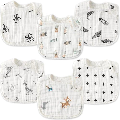Zainpe Lot de 6 bavoirs en mousseline de coton pour bébé avec 6 couches absorbantes et douces réglables pour bébé fille garçon tout-petit bave, nourriture, alimentation 0 à 24 mois Gris, BLANC