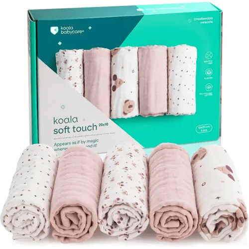 Koala Babycare 5 Pack 20"x10" Organic Burp Cloths for Baby Boys and Girls - GOTS & OEKO-TEX Cotton Burp Rags for Newborns - Absorbent Neutral Burping Cloths for Feeding - Washable Baby Bibs Essentials