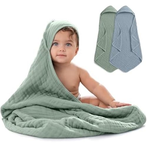 Comfy Cubs Hooded Baby Towel 2-Pack, Large 32 x 32 Inch - 6 Layer 100% Muslin Cotton for Babies, Toddlers, Kids - Soft & Absorbent Baby Bath Towels - Unisex Design for Bath Time, Pacific Blue and Fern