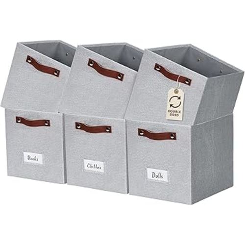 DECOMOMO Storage Bins, Cube Storage Bin with Labels, Fabric Storage Cubes for Shelves (11" / 6pcs, Light Texture Grey)