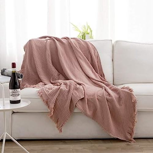 Simple&Opulence Cotton Muslin Throw Blanket for Bed, Couch, Knit Woven Gauze Blanket with Tassels, Soft Lightweight Cozy Pre-Washed Breathable Farmhouse Decoration for All-Season (Dusty Rose)