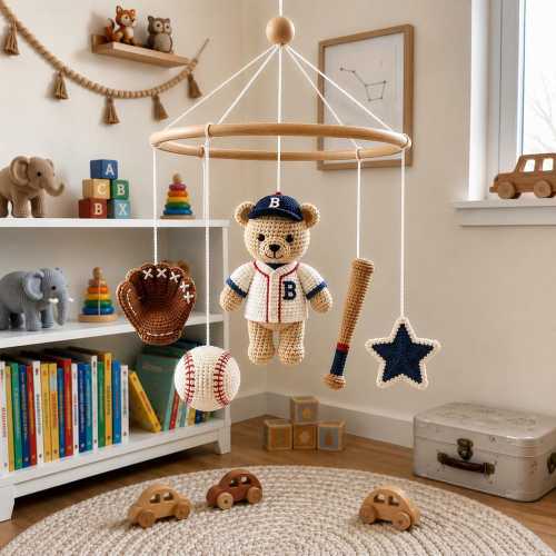 Custom Sports Bear Crochet Baby Mobile, Personalized Nursery Mobile, Baseball Sport Theme Crib Mobile, Handmade Crochet Baby Gift for Boy