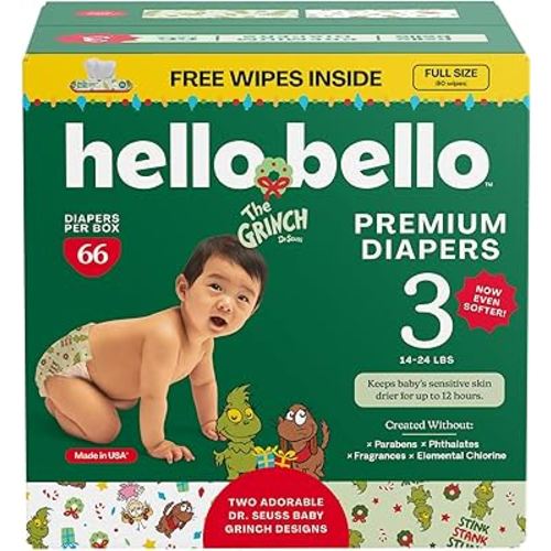 Hello Bello Dr. Seuss Baby Grinch Premium Diapers, Size 3 (14-24 lbs), 66ct Plus Bonus Wipes: Softness & Protection for Sensitive Skin (Packaging May Vary)