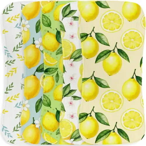 5 Pack Baby Burp Cloths for Boys Girls, Sweet Lemon Citrus Theme Large Absorbent Burping Rags, Soft Cotton Contoured Spit Up Cloths with Fruit Blossom Print, Unisex Newborn Gift