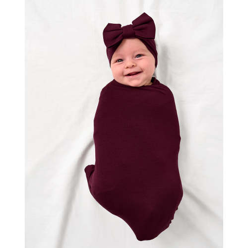 Classic Burgundy Swaddle & Luxe Bow Headband Set | Little Sleepies
