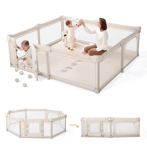 Sweeby Foldable Baby Playpen, 79x71 Inch Baby Gate Playpens for Babies and Toddlers Extra Large Play Yard with Door Child Fence and Indoor Play Pen, Beige