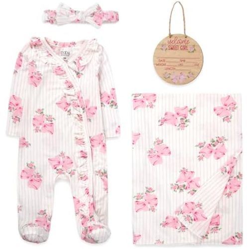 Newborn Baby 4 Piece Coming Home Outfit Gift Set – Footie Sleeper, Blanket, Headband & Ornament for Boys & Girls