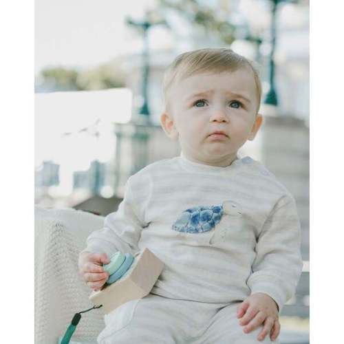 Soft Jersey Sweater And Pants Set, White & Grey Stripes - Deux par Deux | Maisonette