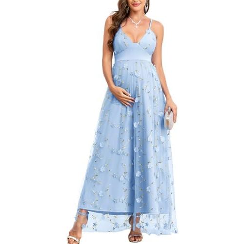AISWI 3D Floral Maternity Maxi Dress V-Neck Tulle Spaghetti Strap A-Line Pregnancy Gown for Baby Shower Wedding Party