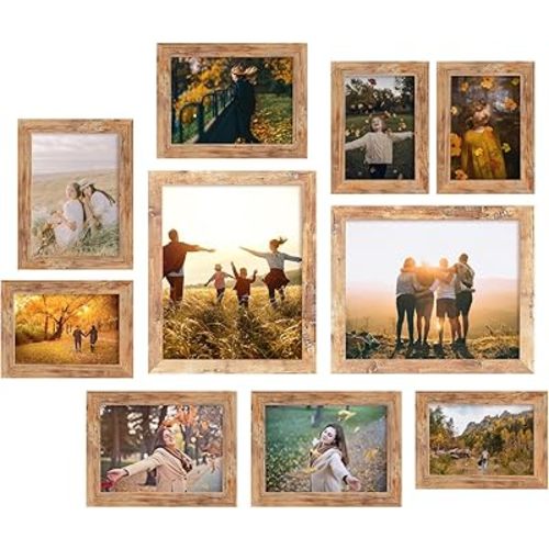 Collage Picture Frames Set of 10, Wall Decor for Mounting or Tabletop Display, Family Photo Gallery Frame Set - Multi Sizes Including Two 8x10, Four 5x7, Four 4x6, HD Glass, Rustic Wood