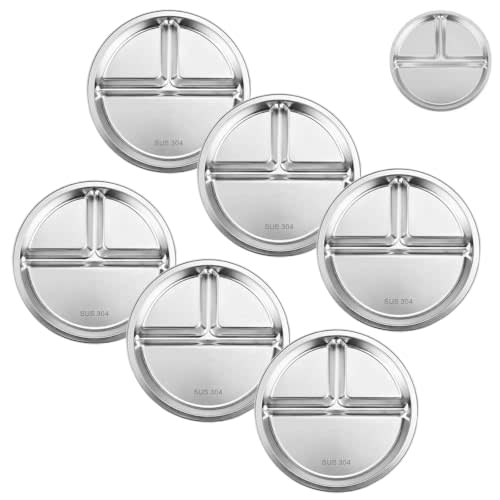 PandaEar Stainless Steel Divided Plates for Kids, 8.1” Portion Control Plates with 3 Compartments, Reusable Metal Dishes for Balanced Meals, Camping & Home Use (6, Silver)