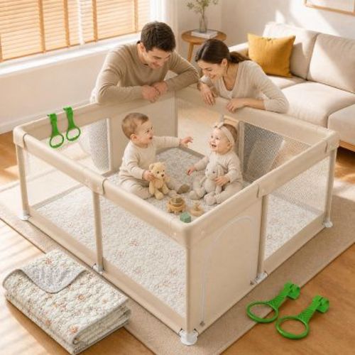 Fodoss Baby Playpen with Mat, 47x47in Extra-Large Baby Play Yard for Toddlers, Indoor/Outdoor Safety Playpen with Non-Slip Base (Beige-sh)