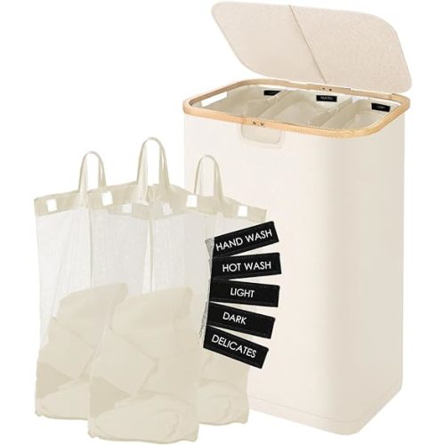 160L Laundry Sorter Hamper with Lid, 3 Section Extra Large Dirty Clothes Basket with Handles, 3 Removable Liner Bags & Labels, Beige