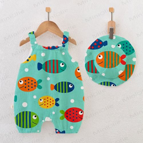 Baby Fish Print Green Jumpsuit with Hat
