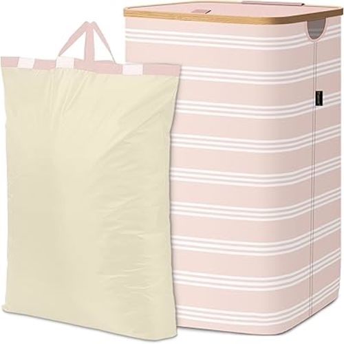BALEINE Laundry Hamper with Lid, Tall Laundry Baskets with Bamboo Pull Handles, Large Laundry Bin with Internal Support (18 Gal/70L, Pink Pinstripe)