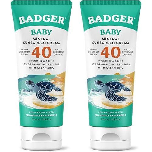 Badger Mineral Baby Sunscreen Cream SPF 40, 98% Organic Toddler Sunscreen with Zinc Oxide, Broad Spectrum, Reef Safe, Water Resistant, Pediatrician Tested Baby Sunblock for Sensitive Skin, 2.9 fl oz