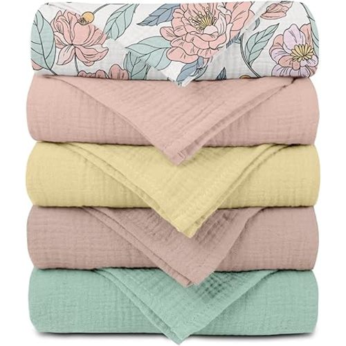 Muslin Receiving Blankets, Neutral Blanket Swaddling for Newborn Boys and Girls, 5 Pack Breathable and Skin-Friendly Swaddle Wrap for Infant Baby (Pink Flower)