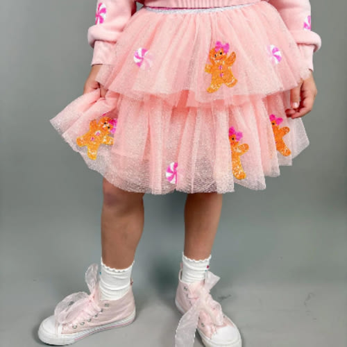 Holiday Gingerbread Patched Tulle Skirt